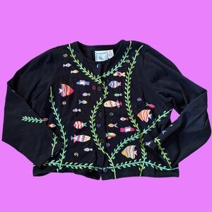 Michael Simon Black Cardigan with Green Embroidery